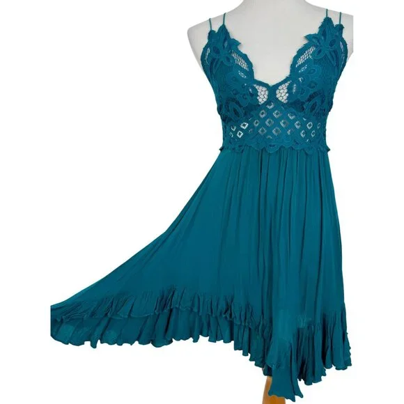 Free People Teal Lace Crochet Trim Ruffled Hem Flowy Casual Boho Slip Dress - Picture 9 of 16